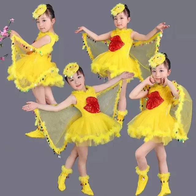 

Fashion 3 PCS children girls prom dresses kids girls christmas halloween carnival yellow bird dance costumes for shows