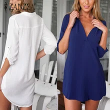 ZANZEA лето Модные женские туфли платье-рубашка Sexy V Средства ухода за кожей шеи с подвернутыми рукавами Повседневное Свободные шифон Мини-платья плюс Размеры Vestidos 3 цвета