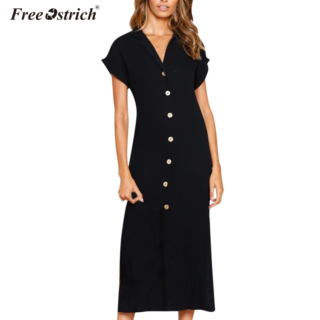 

Free Ostrich Women Summer Dress 2019 Solid Short Sleeve Sexy Straps Bohemian Tunic Beach Dress Sundress Button Dress Female