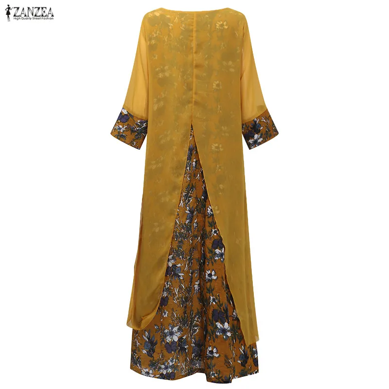 ZANZEA, женские Свободные Повседневные Вечерние платья больших размеров с рукавом 3/4, шифоновое Хлопковое платье в стиле пэчворк, летний сарафан с цветочным принтом, длинные платья