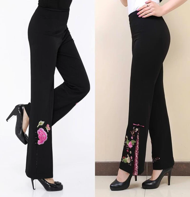 2018 Tang suit embroidery women pants trousers wide leg pants black ...