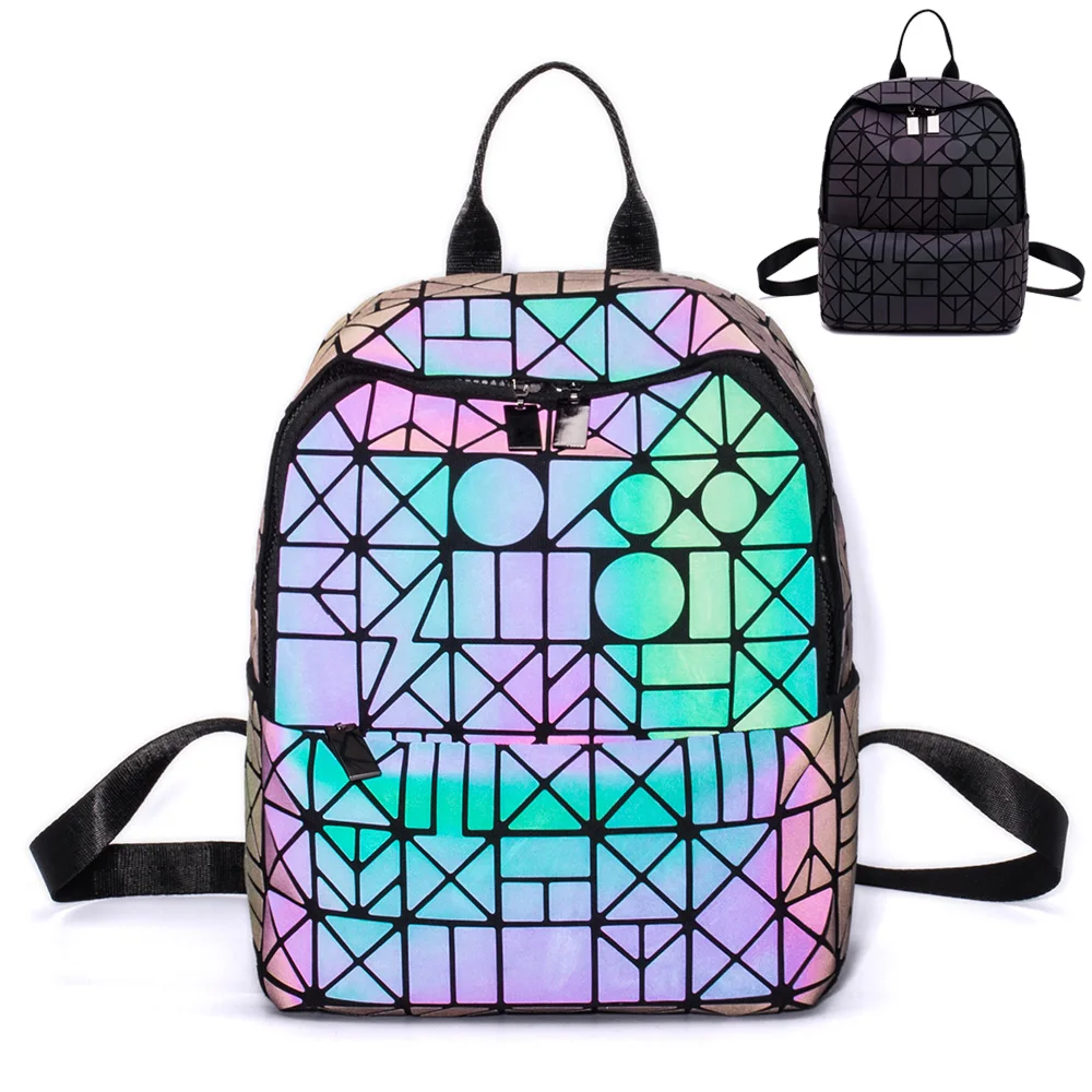 

Hot Shinny Diamond Geometric Triangle Patchwork Laser Luminous Hologram PU Teenagers School bag Girl Folding Mini Women Backpack
