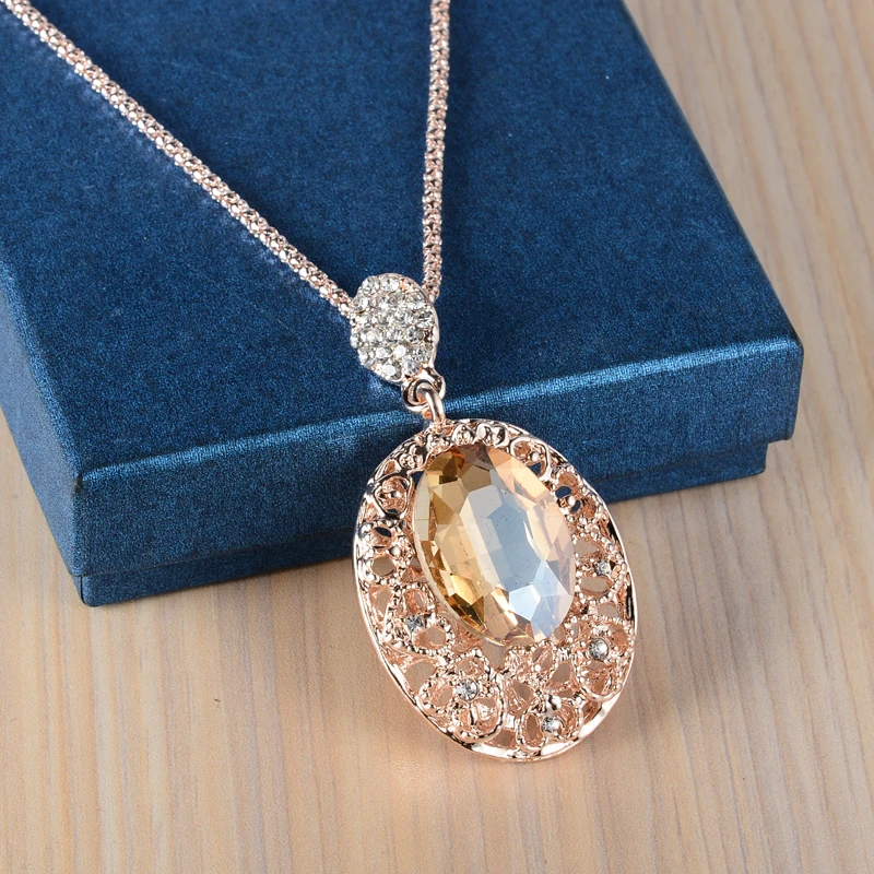 Collares y colgantes de lujo para mujer, cadena de suéter de oro rosa, collares largos de Piedra Grande para mujer, colgantes| - AliExpress