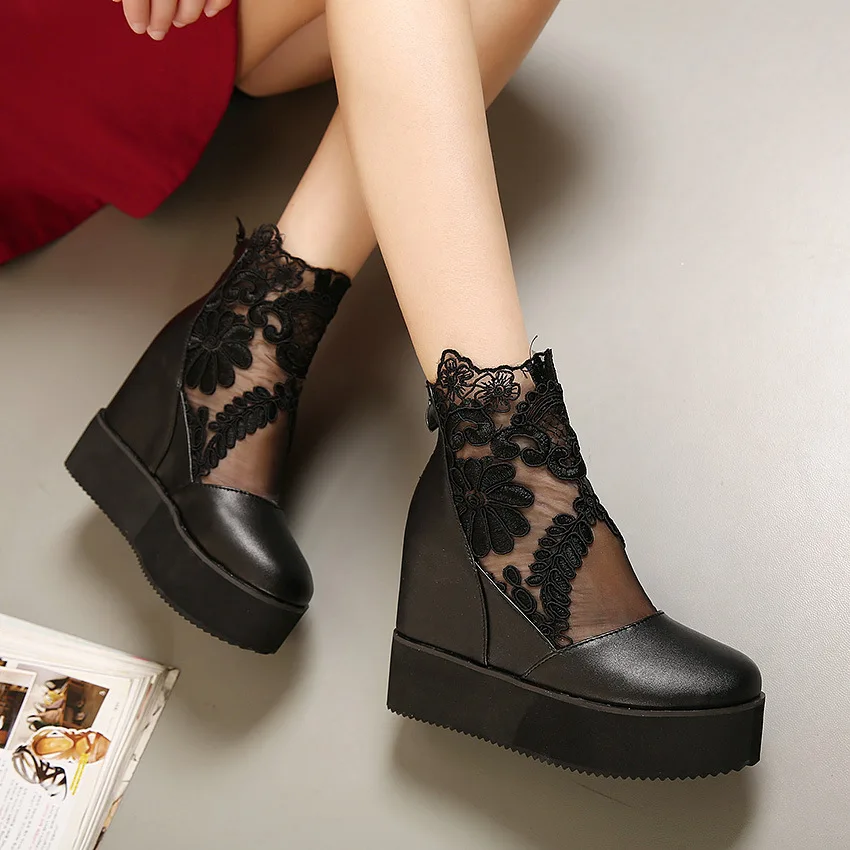 Gtime/Женская обувь на платформе; модная Милая обувь в римском стиле с кружевом; женские туфли-лодочки на танкетке и на молнии белого цвета; босоножки на высоком каблуке; zapatos mujer; ZWB150 - Цвет: Черный