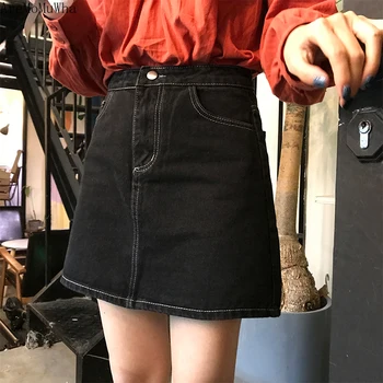 

AreMoMuWha 2019 Summer New High Waist Loose Black Denim A Word Skirt Female Summer Skirt Faldas Mujer Moda womens jean skirt 918