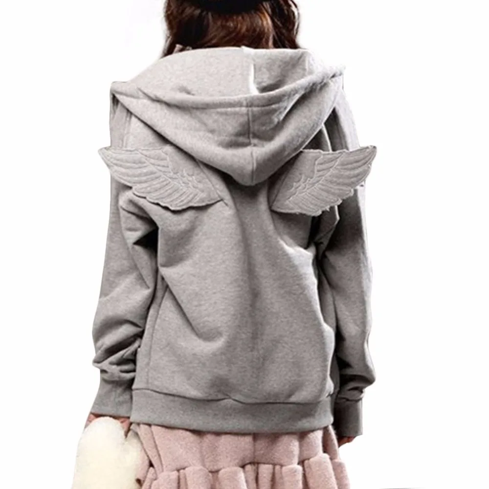 2015 New Autumn Tracksuit Women Hit 3D Angle Wings Hoodies Hooded Causal Full sleeve Fleece Cadigan Plus size M-3XL Black Gray