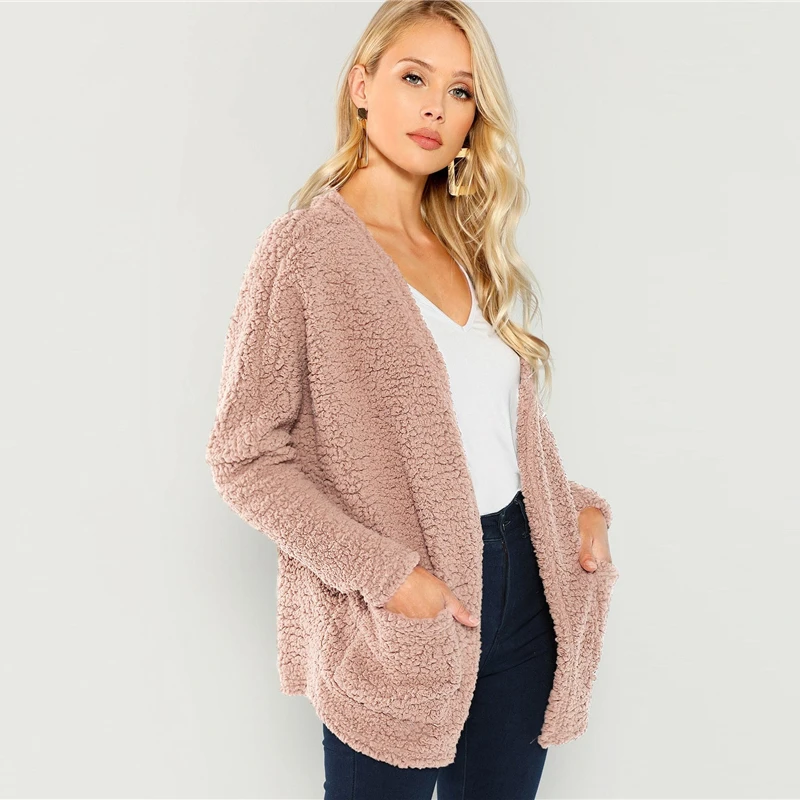 Sheinside розовый накладной карман Открытый передний искусственный мех плюшевое пальто осень зима топы для женщин верхняя одежда женские пальто и куртки