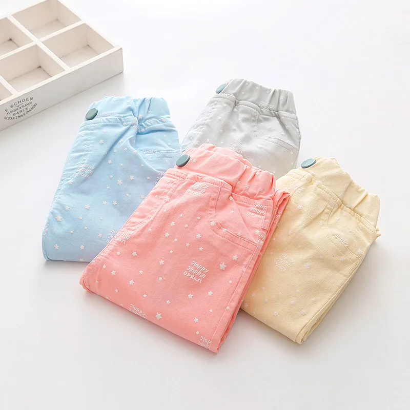 

2018 Spring Autumn Trousers 3-12T Years Kids Children Cotton Solid Color Star Print Basic Elastic Capri Little Girl Tight Pants