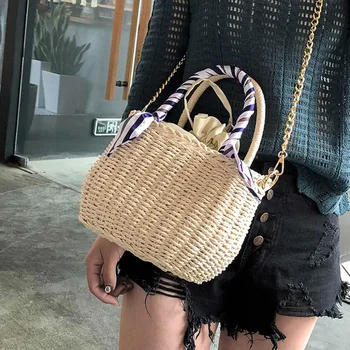 

Ins Bow Beach Straw Totes Bag Woven Handmade Fashion Bucket Shaped Shoulder Bag braided Rattan Women Strap Lady Straw Bags new