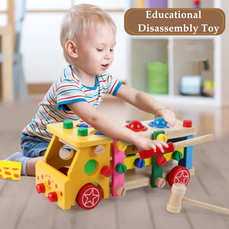 

Toys for Kid Baby Educational Wooden Toy Disassembly Screw Nut Vehicle Car Knock Ball Developmental new born Toys