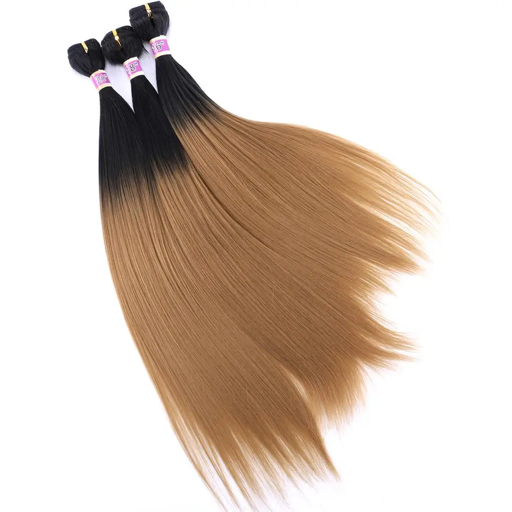 Feixes de Cabelo Angie Ombre Reto Tecer Cabelo Sintético 16 18 20 Polegadas Comprimento Misto 3 Pacotes – Lote Dois Tom Cor