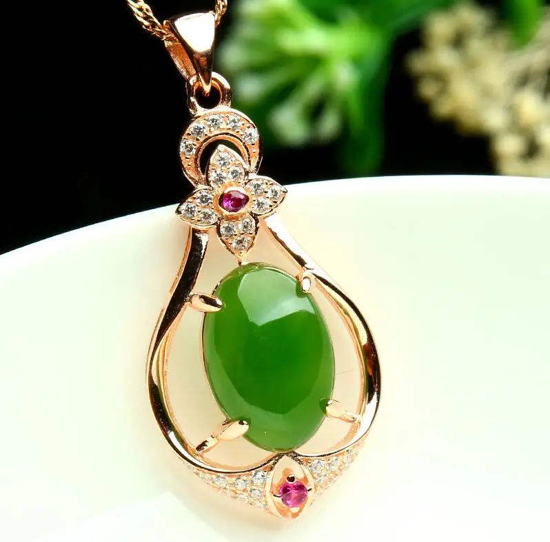

925 silver Gold Natural Green HeTian Yu Gem Inlay Dangle Hollow Pendant Necklace + certificate Fashion Jewelry for woman