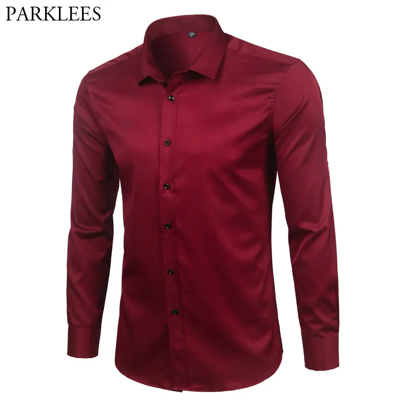 Брендовые мужские рубашки из бамбукового волокна, цвета красного вина, облегающие рубашки с длинным рукавом, Chemise Homme, Повседневная Эластичная официальная Мужская рубашка на пуговицах