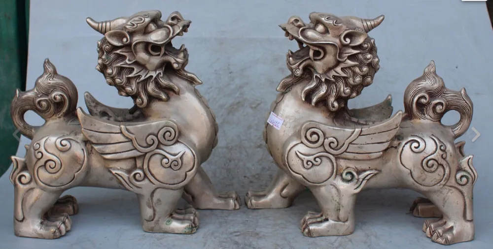 

zhaomeirui64++10" China Silver FengShui PiXiu Foo Dog Lion beast kylin Dragon Lion Statue Pair