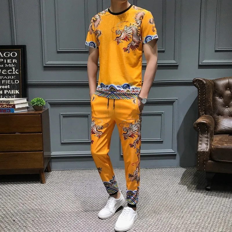 

Men's suit 2019 Summer Slim Fit 2-piece Set Harem Pants Men Casual Men Dragon Printing T Shirt Mens Joggers Hip Hop Men