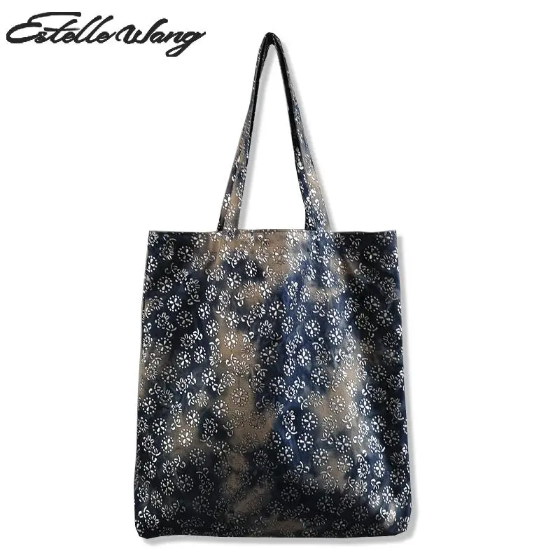 

Estelle Wang Casual Tote Washing Denim Shoulder Bags Women Simple Japanese Flower Shopping Bags