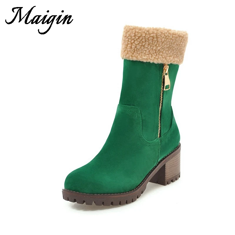 Maigin 2018 New Warm Snow Boots Fashion Round Toe Square Heel Winter Shoes Women Fashion Ladies Shoes Big Size 10 Boots Women