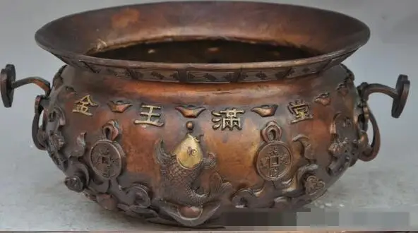 

S00678 15"chinese buddhism bronze 5 Mammon fish bat money statue incense burner Censer