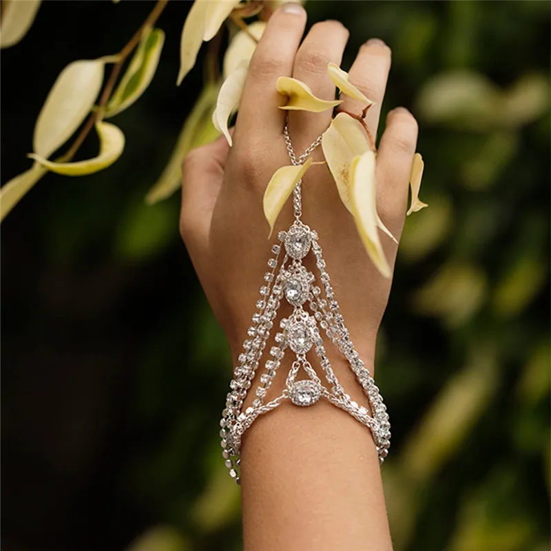 PINKSEE Полный Кристалл цветок ручной браслет панье для женщин вспомогательная цепочка на палец модные ювелирные изделия свадебные подарки