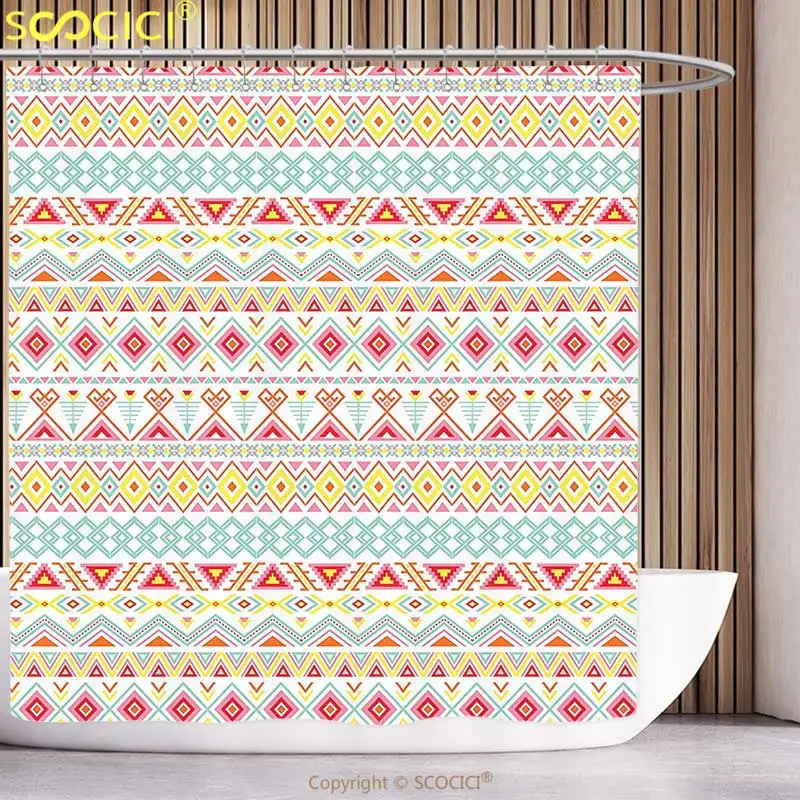 

Funky Shower Curtain Tribal Decor Aztec Patterns in Stripes Fun Spring Colors Navajo Style Prints Aqua Pink Red and Yellow