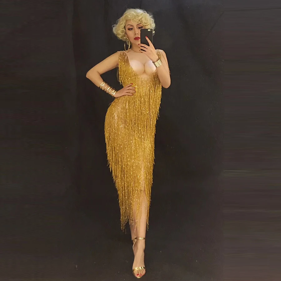 

Female Singer Costume Stage Women Jumpsuits Dancers Singers DJ DS JAZZ Sexy Dance Wear Performances Manual Tassel Gold Bodysuit