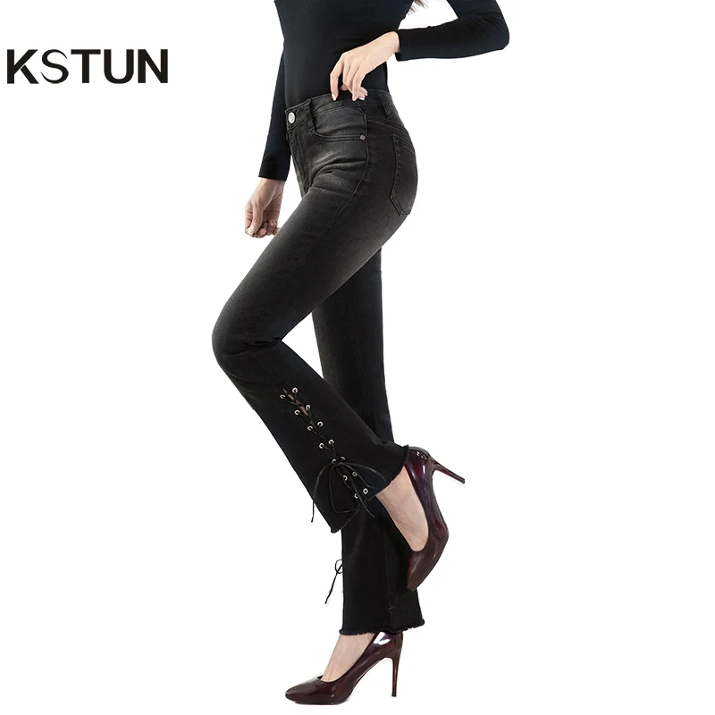

FERZIGE Jeans for Women 2019 Fashion Designer Bell Bottom Vintage Side Drawstring Black Stretch High Waist Boot Cut Flare Pants