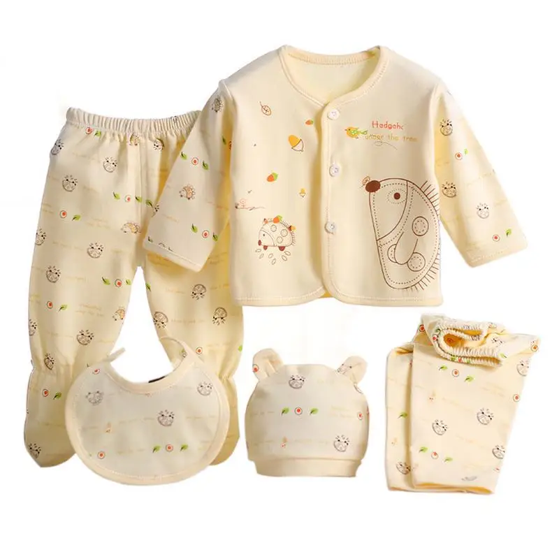 Комплект белья для малышей из 5 предметов, дышащий хлопковый Детский комбинезон с шапочкой, 2 пары штанов - Цвет: Цвет: желтый