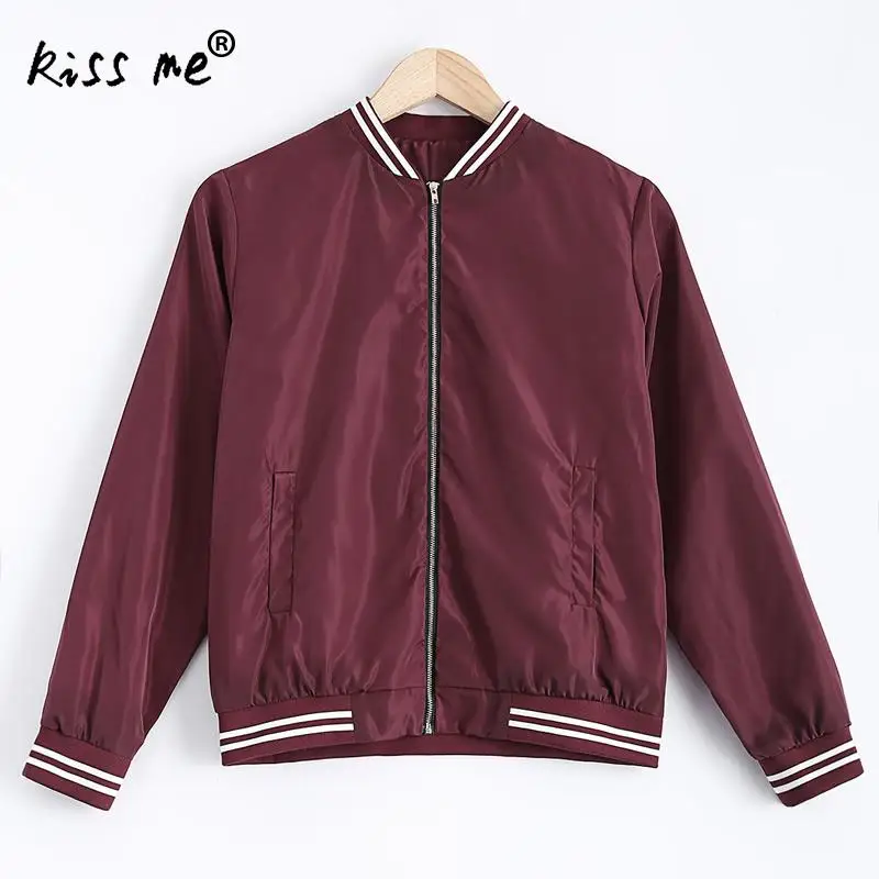 Wine Red Women Long Sleeve Autumn Winter Baseball Coat Fashion Casual