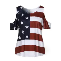 2018 Новый модные, пикантные с открытыми плечами Для женщин camiseta Повседневное Проблемные американский флаг короткий рукав женская футболка B
