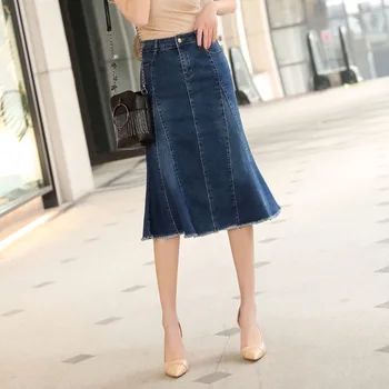 

denim blue fish tail long Gothic pleated summer street wear boho sexy plus size rokjes plissee women skirts 2019 office