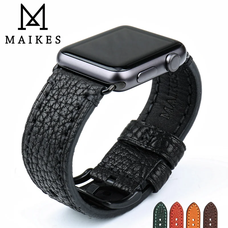 MAIKES Black Genuine Leather Watchband Apple Watch Accessories Watch Band 44mm 40mm For Apple