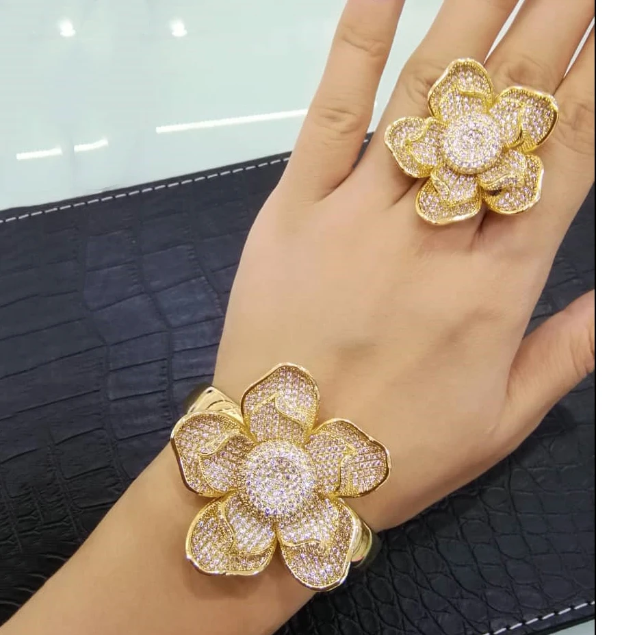 GODKI Luxury Flower Blossom KoreanBangle Ring Set Fashion Jewelry Sets For Women Wedding Engagement brincos para as mulheres