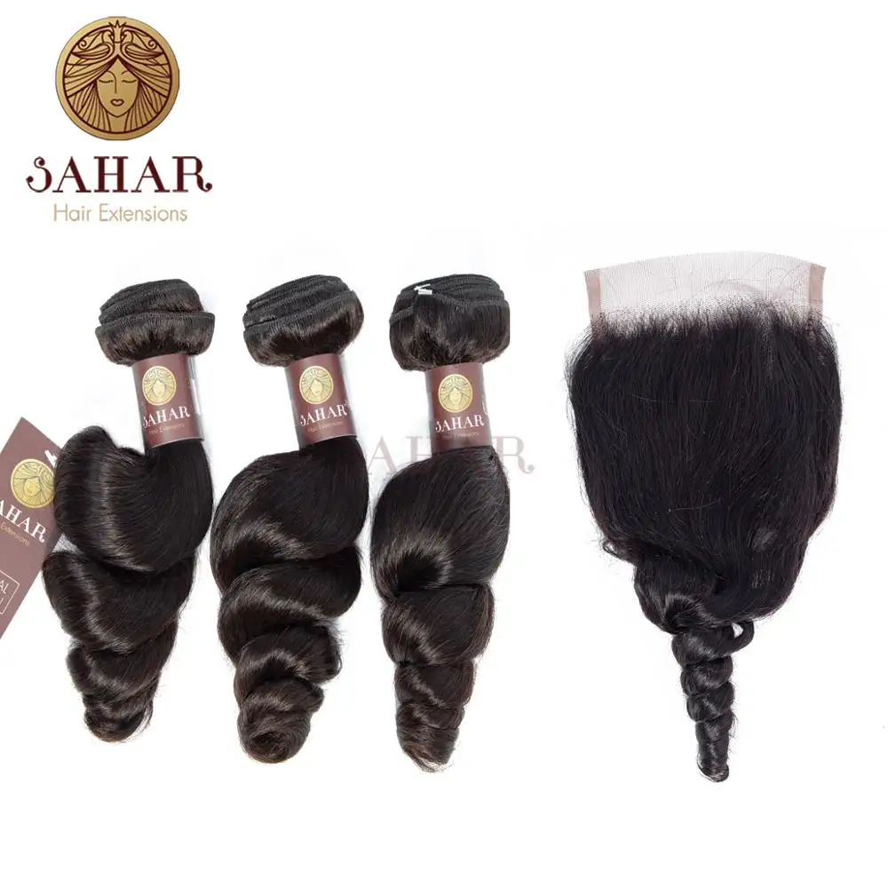 

Sahar Brazilian Hair Weave Loose Wave Bundles with closure Natural Black 100% Human Hair Bundles Remy Hair Extensions SHELW