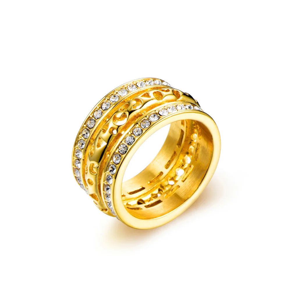 

HIP Hop Gold Iced Out Stainless Steel Micro Pave Rhinestone Hollow Out Bling Round Rings for Men Jewelry Ring Dropshipping