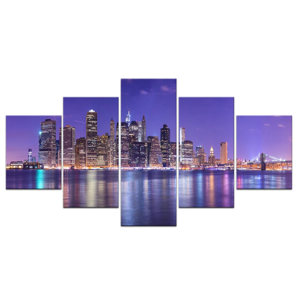 

HD Frame Home Decor Canvas Painting Poster 5 PiecePcs City River Night Scenery Modern Wall Art Living Room Printed Pictures