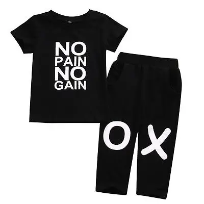 Модные комплекты одежды для маленьких мальчиков с надписью «No pain no gain», футболка с короткими рукавами + длинные штаны, 2 предмета, Лидер
