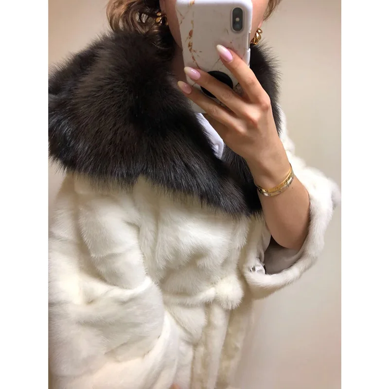 TOPFUR Luxury Loose Bat Sleeve Mink Fur PonchoWomen White Mink Fur Coat Solid Natrual Mink With Big Fox Fur Turndown Collar TOPFUR Luxury Loose Bat Sleeve Mink Fur PonchoWomen White Mink Fur Coat Solid Natrual Mink With Big Fox Fur Turndown Collar
