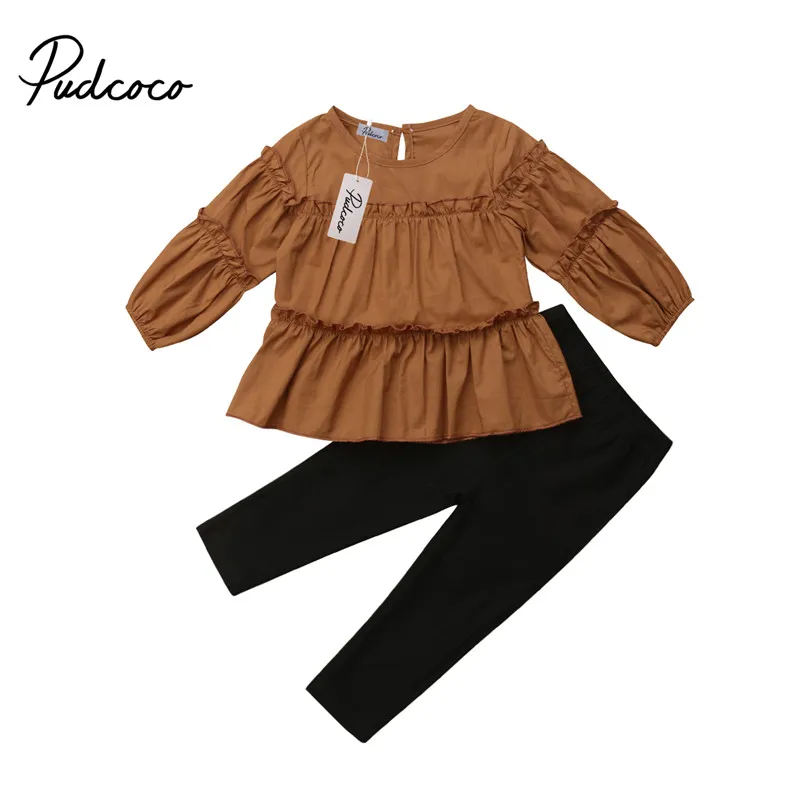 

2Pcs Vintage Toddler Girl Clothes Solid Color Long Lantern Sleeve Pleated Blouse Tops+Long Pencil Pants Autumn Retro Outfits Set