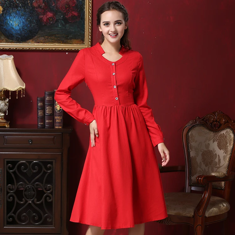 

Retro Linen Dress 2018 Spring Autumn New Full Sleeve V-neck Temperament Slim Red High Waist Women Long Dresses
