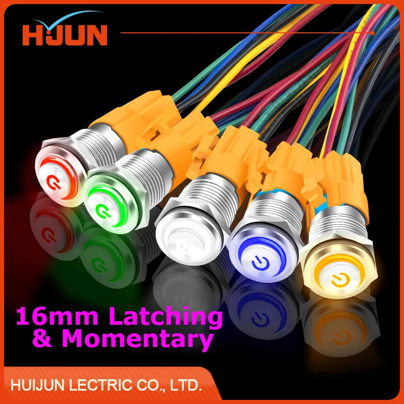 

1pcs 16mm Waterproof High Round Latching Maintained & Momentary Stainless Steel Metal Push Button Switch Icon LED Light Car Horn