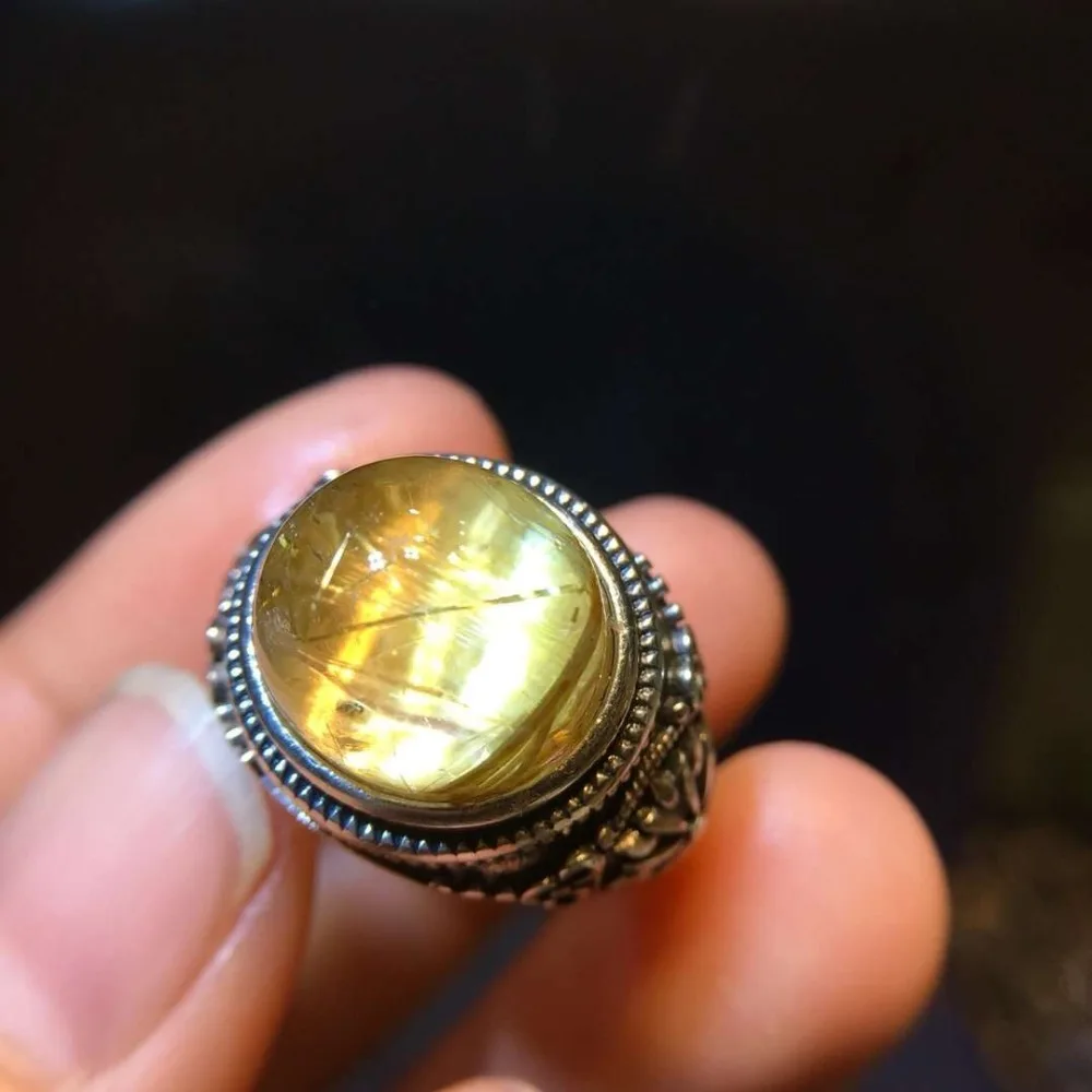 

13.4x12mm Natural Gold Rutilated Quartz Crystal Ring Big Bead Flower Design For Woman Man Adjustable Size Silver Rings AAAAA