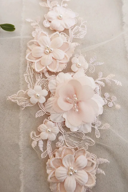 

1 pcs nude pink lace appliques with 3D florals, light peach flowers beaded lace appliques for bridal dress sewing accessories