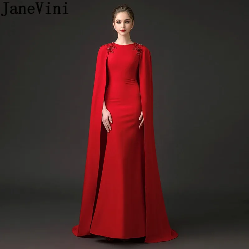 

JaneVini Fashion Red Mermaid Long Prom Dresses With Cape Arabic Beaded Shoulder Satin Bridesmaid Dresses 2018 Wedding Party Gown