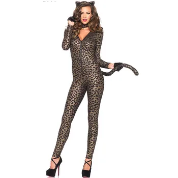 

Three-piece Zip Up Front Bell Charm Choker Golden Luxury Catsuit Sexy Animal Kitten Costume for Adults L15369
