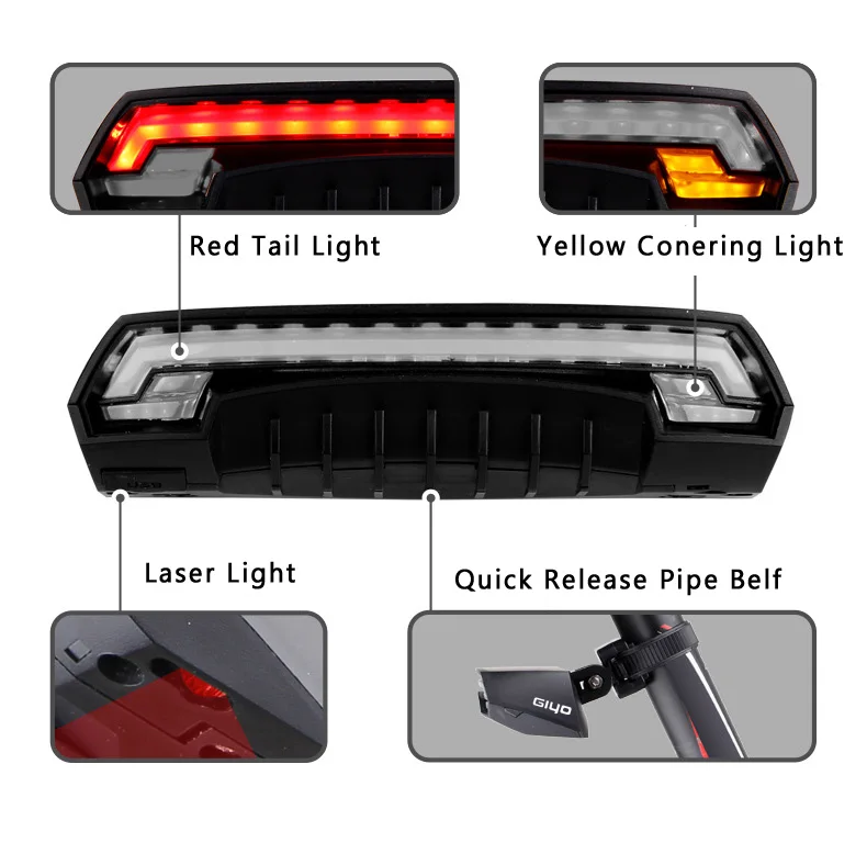 Flash Deal GIYO Wireless Remote Contoller Bicycle Tail Light Two Yellow Cornering Lamp USB Charging Waterproof IPX4 Laser Safety Bike Light 7