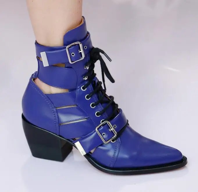 BuonoScarpe/женские ботильоны из натуральной кожи; обувь на не сужающемся книзу массивном высоком каблуке; женские летние сапоги с ремешками; женские туфли-лодочки на платформе - Цвет: blue