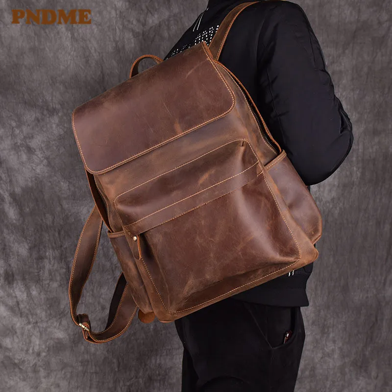 

PNDME retro crazy horse leather men's women backpack simple waterproof cowhide genuine leather 14 inch computer bagpack bookbags