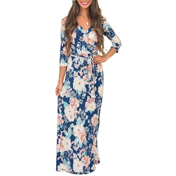 

2019 Summer Women Beach Long Sashes Dresses Blue Half Sleeve V-neck Elegant Ladies Maxi Dress Print Floral Vestidos Plus Size