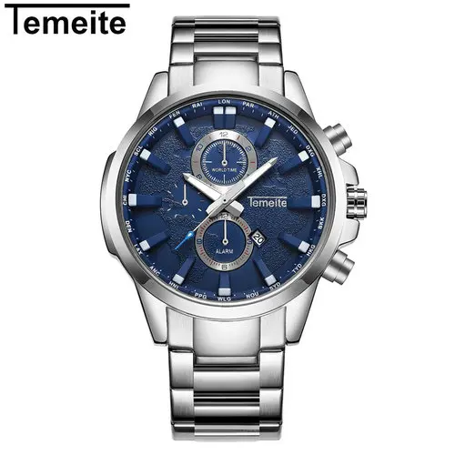 TEMEITE, модные деловые часы для мужчин, лучший бренд, Роскошные Кварцевые Мужские наручные часы, ремешок из нержавеющей стали, часы с календарем - Цвет: SILVER BLUE