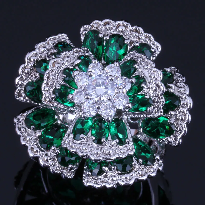 

Outstanding Huge Flower Green Cubic Zirconia White CZ Silver Plated Ring V0535